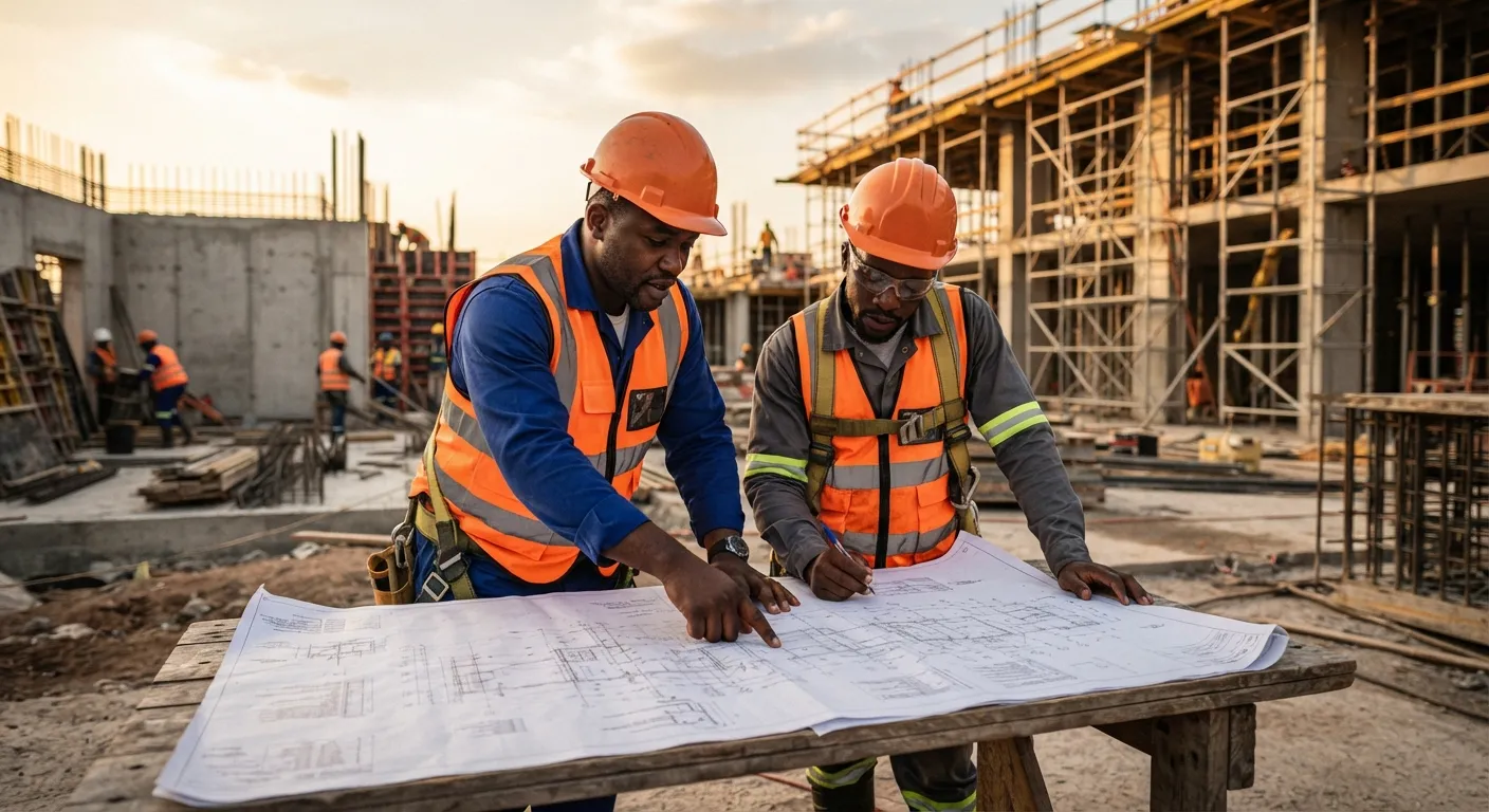 Engineers in hard hats reviewing construction drawings on site