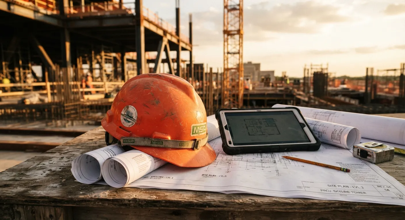 Hard hat, tablet and rolled construction drawings on a site table